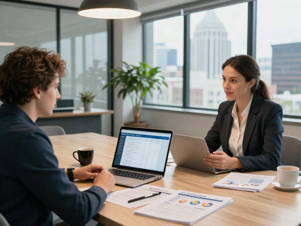 Financial advisor discussing SMSF set up benefits with clients in a modern office