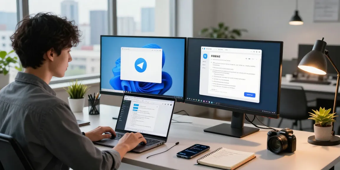 Young professional using telegram china latest version on dual monitors in a modern office