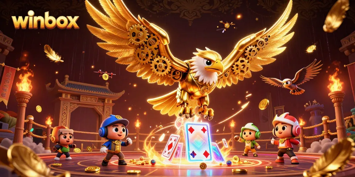 Winbox showcases an exhilarating dive of a cybernetic golden eagle through holographic cards, embodying thrilling casino action.