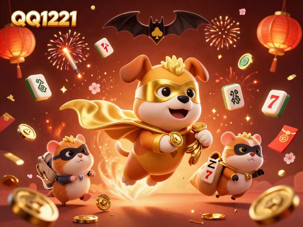 Engage with QQ1221's thrilling gaming experience, featuring a heroic dog and hamster in a dynamic casino setting.
