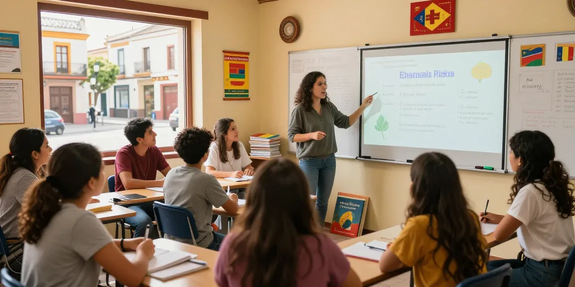 Corsi di spagnolo in Spagna studente che pratica spagnolo in un'aula vivace con istruttori e materiali.