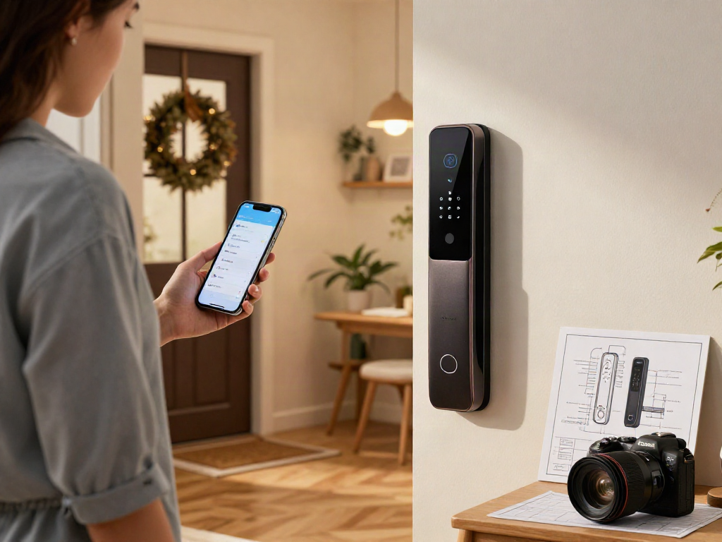 Advanced smart lock installation demonstrating خرید قفل هوشمند for enhanced home security with a modern aesthetic.