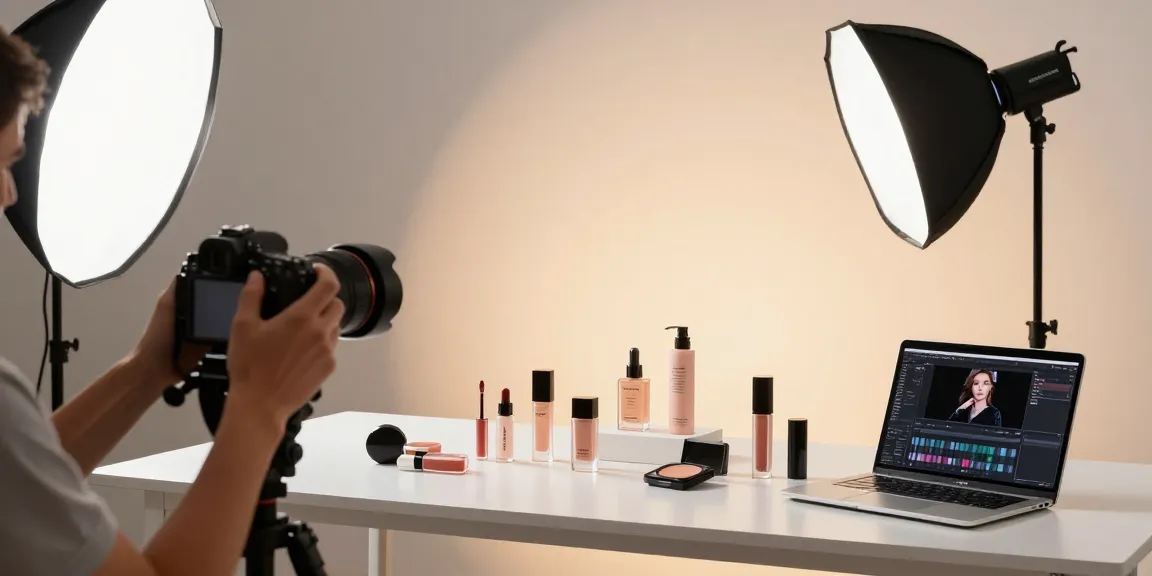 La Photographie de Produits dans un studio professionnel avec un photographe capturant des articles de mode et de cosmétiques, ambiance créative.