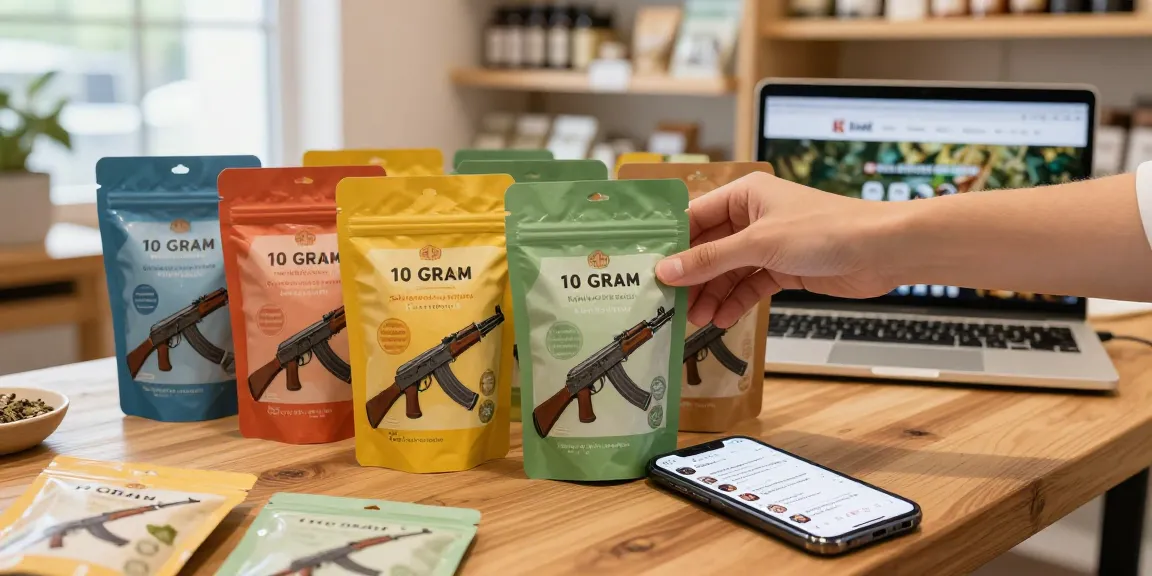 Buy AK47 10 GRAM Bag displayed in a cozy shop setting with customer reviews visible, inviting for herbal enthusiasts.