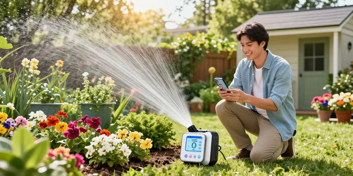 Homeowner using a rainpoint water timer in a vibrant garden, showcasing automated irrigation.