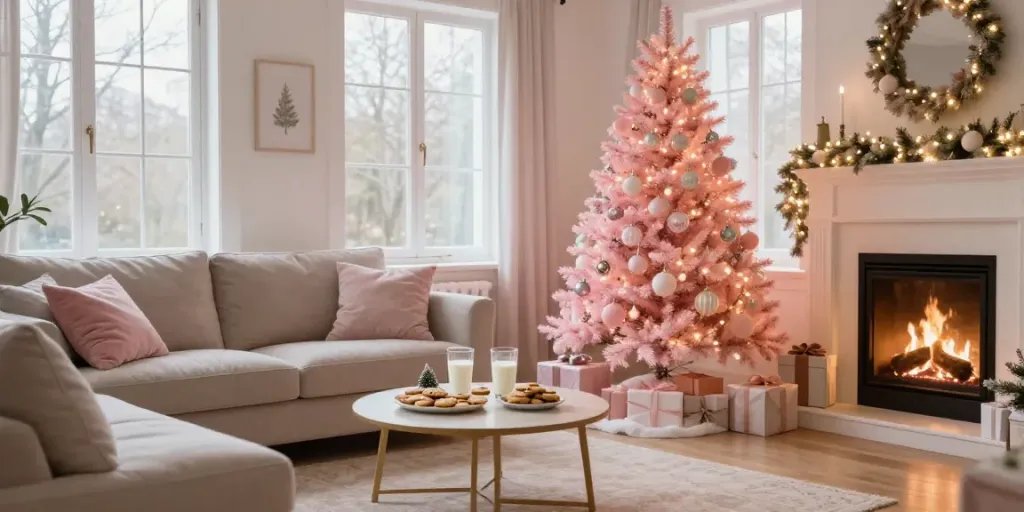 Cozy living room with a pink xmas tree adorned with pastel decorations and glowing lights.