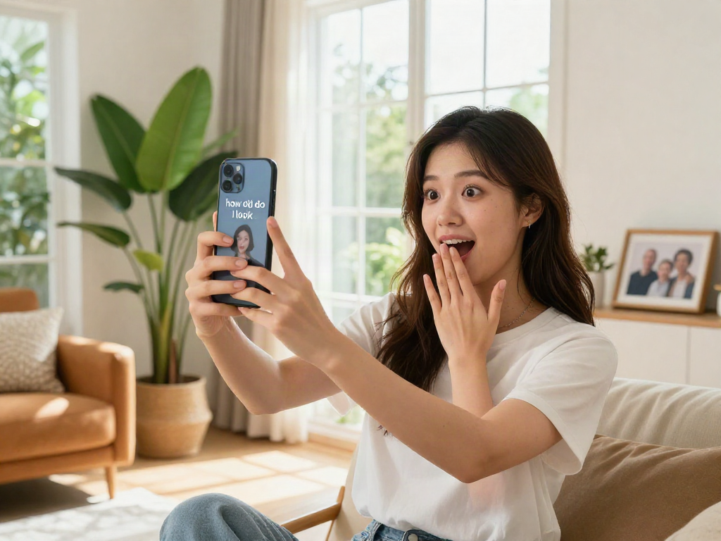 Youthful woman using an app to find out how old do I look with a bright and inviting home setting.
