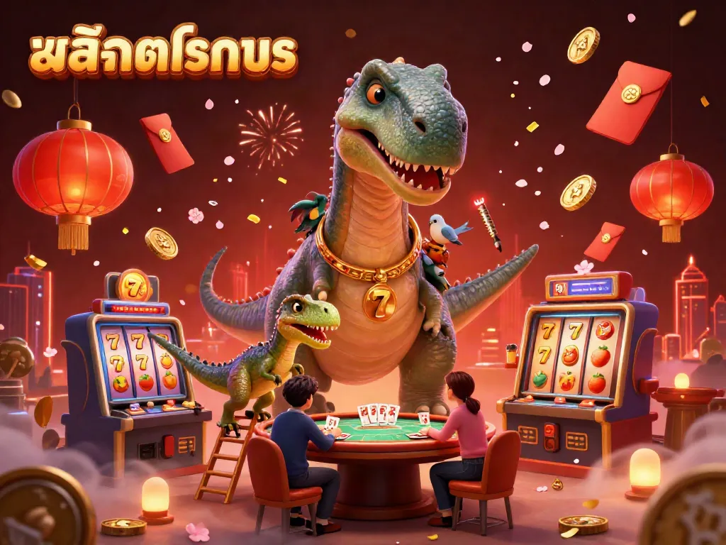 Engage in the excitement of 'สล็อตทดลอง' with a vibrant 3D casino scene featuring a towering brontosaurus, raptor card dealer, and dynamic gaming elements.