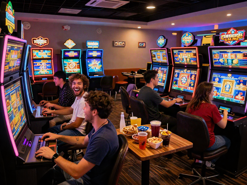 Exciting slot bonus new member 100 experience in a lively online gaming lounge with friends celebrating.