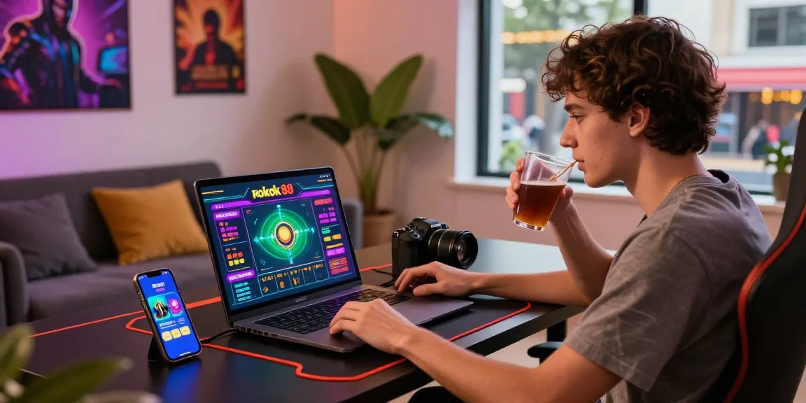 Engaging lifestyle scene with young adult enjoying rokok 88 gaming at home.