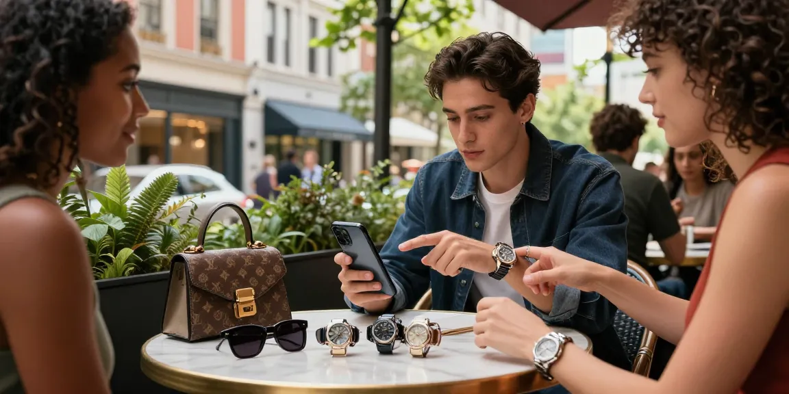 Showcase of replica watches in stylish urban café setting with vibrant city backdrop.