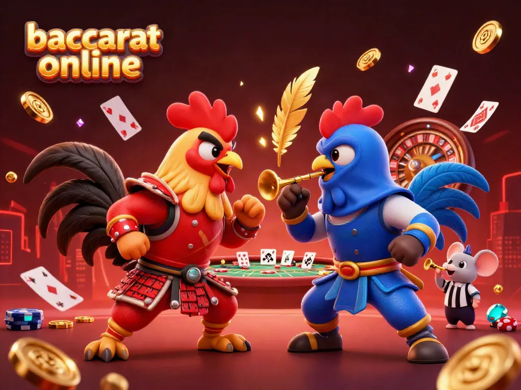 Engage with baccarat online in a thrilling 3D scene featuring battling cartoon roosters, a roulette wheel, and playing cards.