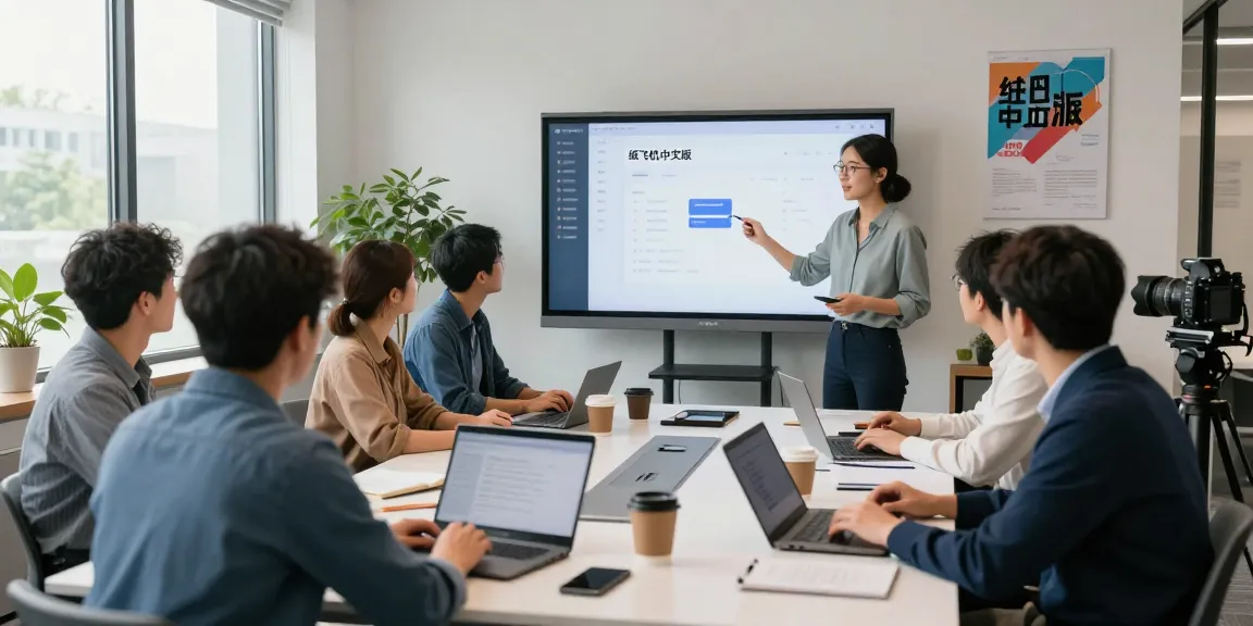 Team collaborating on 纸飞机中文版 in a modern tech office with vibrant atmosphere.
