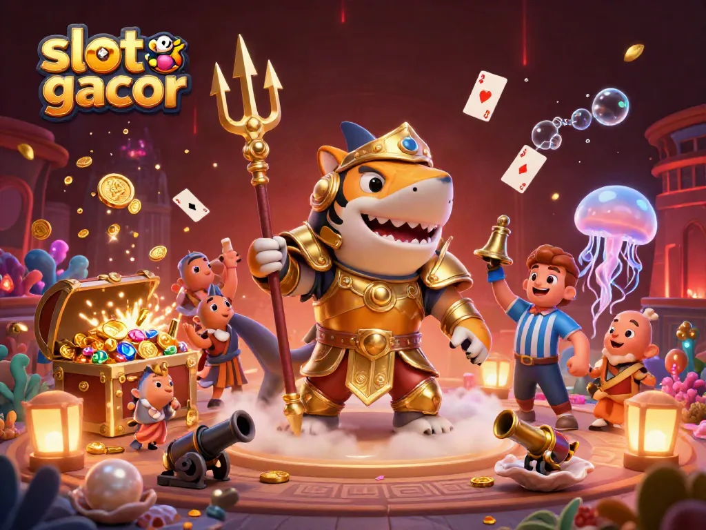 Slot online gacor menampilkan hiu kartun ganas dalam armor gladiator, dikelilingi harta karun dan elemen permainan.