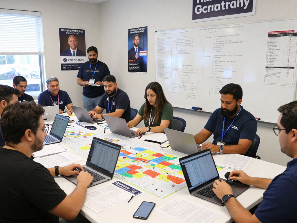 Online reputation management for candidates in an election campaign headquarters showcasing teamwork and strategy development.
