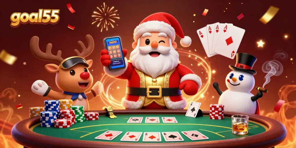 Permainan slot yang menarik di goal55 dengan Santa Claus dan teman-temannya dalam kasino yang glamor.
