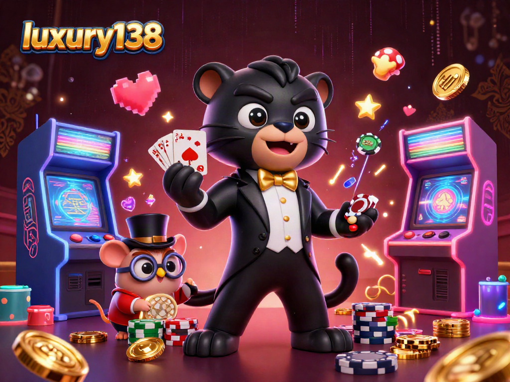 Luxury138 menampilkan panther elegan dan burung hantu lucu di kasino dengan chip poker.