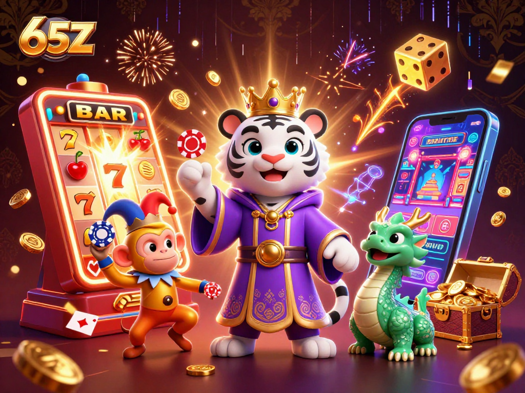 Ative grandes jackpots com 65Z em uma cena vibrante de cassino 3D.