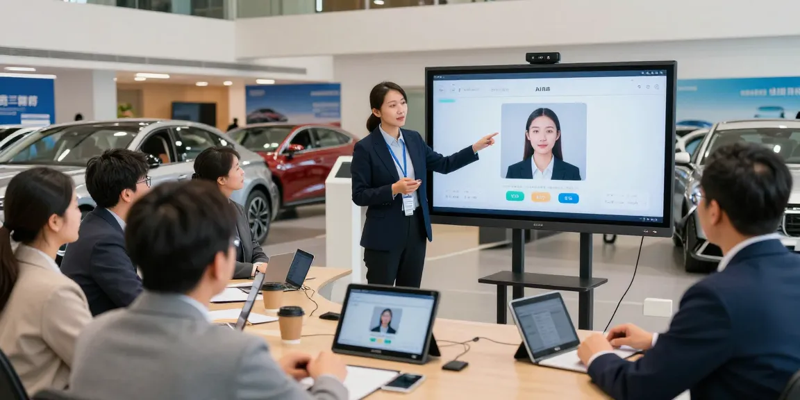 Automotive service training session demonstrating AI technology with sales professionals.