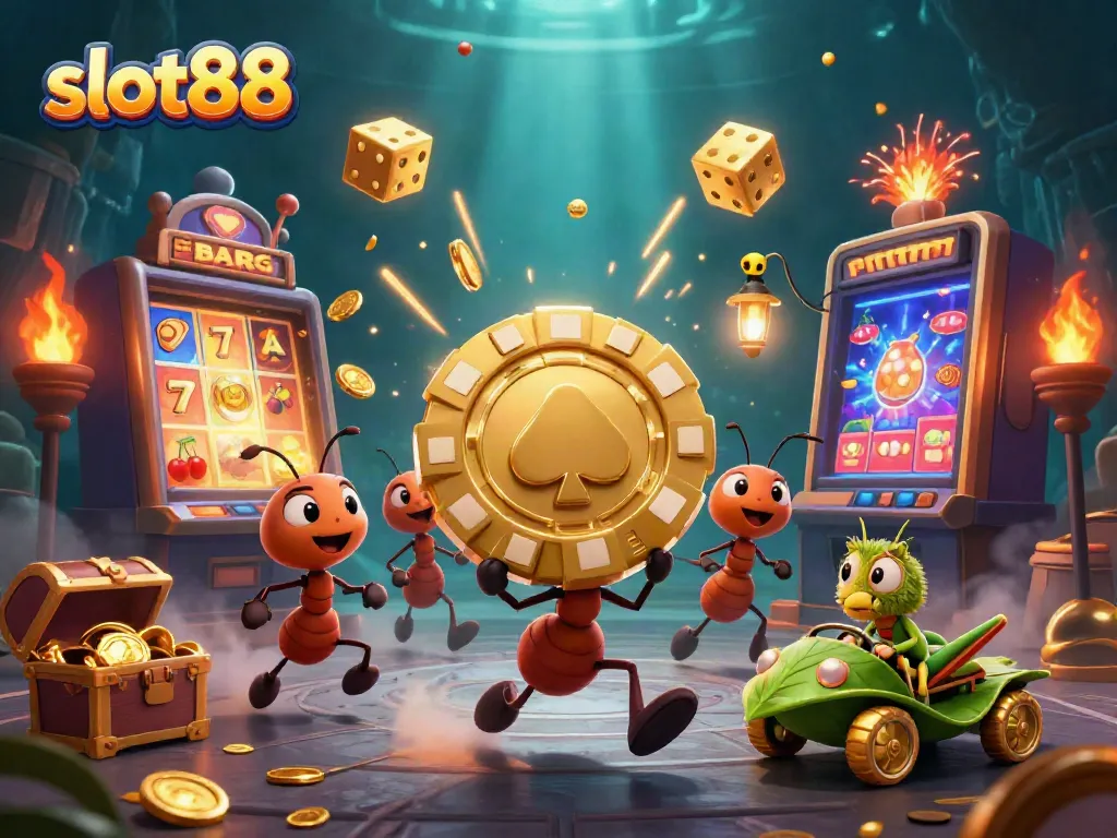 Experience excitement with slot88's thrilling jackpot heist illustration featuring ants and casino elements.