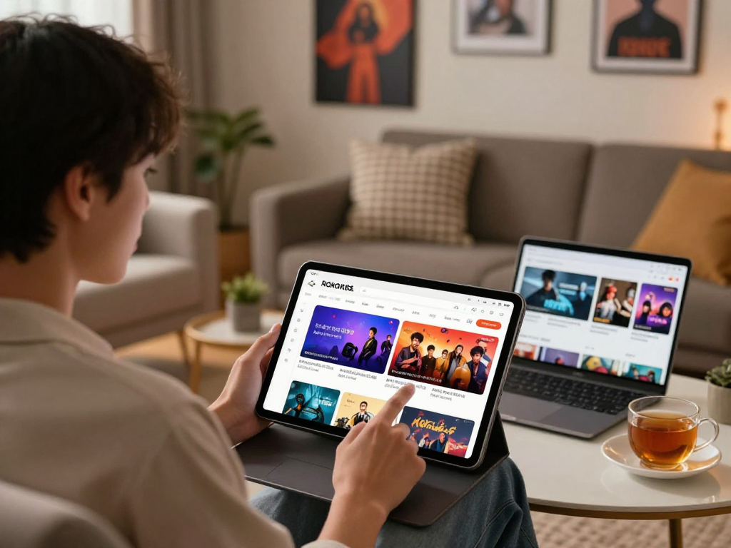 Engaging scene of a user exploring rokok88 daftar on a tablet in a cozy living room, highlighting modern entertainment.