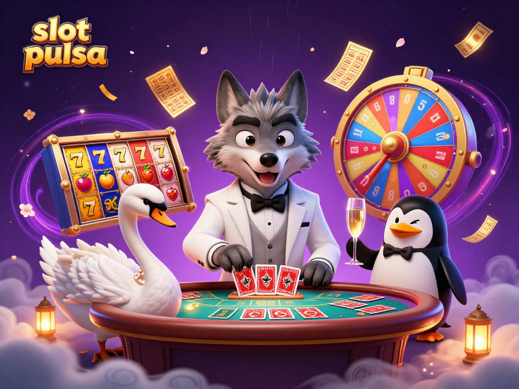 Experience the thrill of slot pulsa with a vibrant casino scene featuring the wolf, swan, and penguin.
