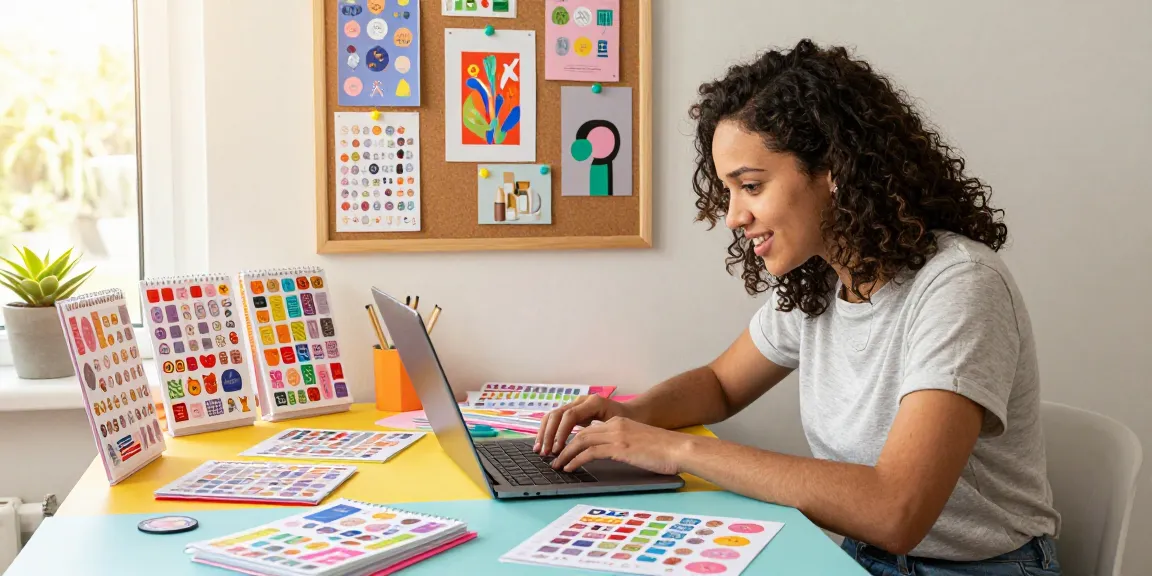 Custom reusable sticker book designs showcased on a vibrant desk with various templates and stickers.
