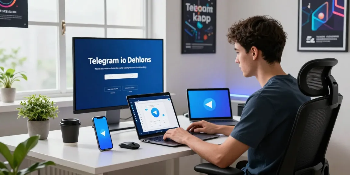 Engaging workspace scene with a young tech enthusiast downloading telegram china download apk free on multiple devices.
