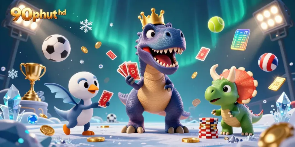 Engage in dynamic betting action with 90phut hd as T-Rex shuffles cards surrounded by vibrant sports elements.