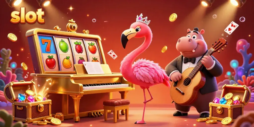 Bermain slot dengan visual warna-warni dan karakter menarik di kasino, menampilkan flamingo penyanyi dan hippo bassist.