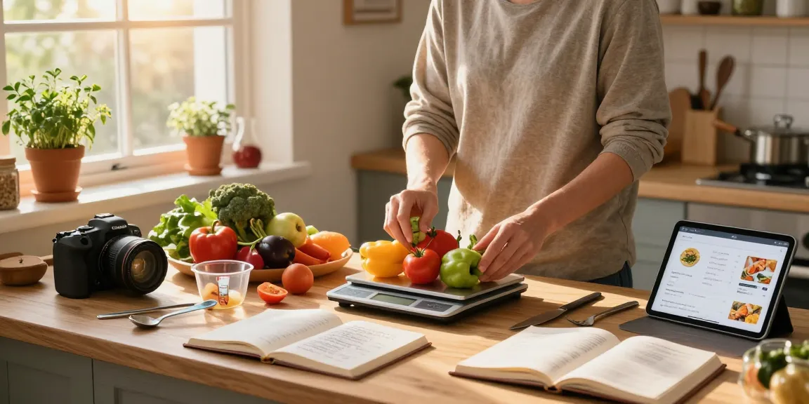 Discover the best food tracking app while preparing fresh ingredients in a sunny kitchen.