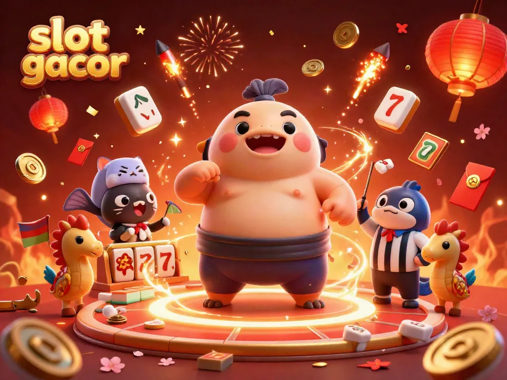 Gambarkan slot gacor dengan ikan fugu sumo, wasit ikan lele, dan penonton kuda laut dalam suasana ceria.