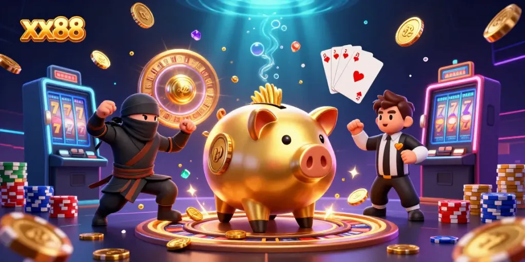 Join the excitement of xx88 with a dynamic 3D portrayal of gambling characters and elements.