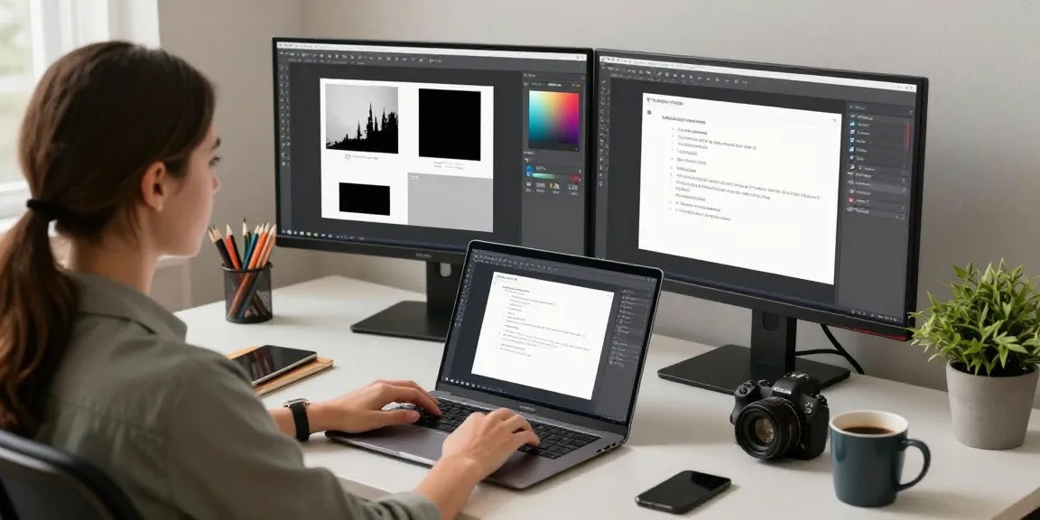 Efficient workspace showcasing snipaste下载 on dual monitors with color picker and OCR feature, designed for productivity.