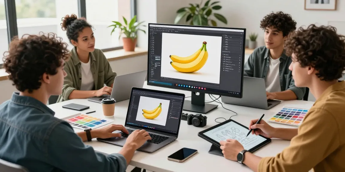 Team of designers collaborating on the Nano Banana 2 AI image editor in a bright workspace, showcasing creativity and innovation.