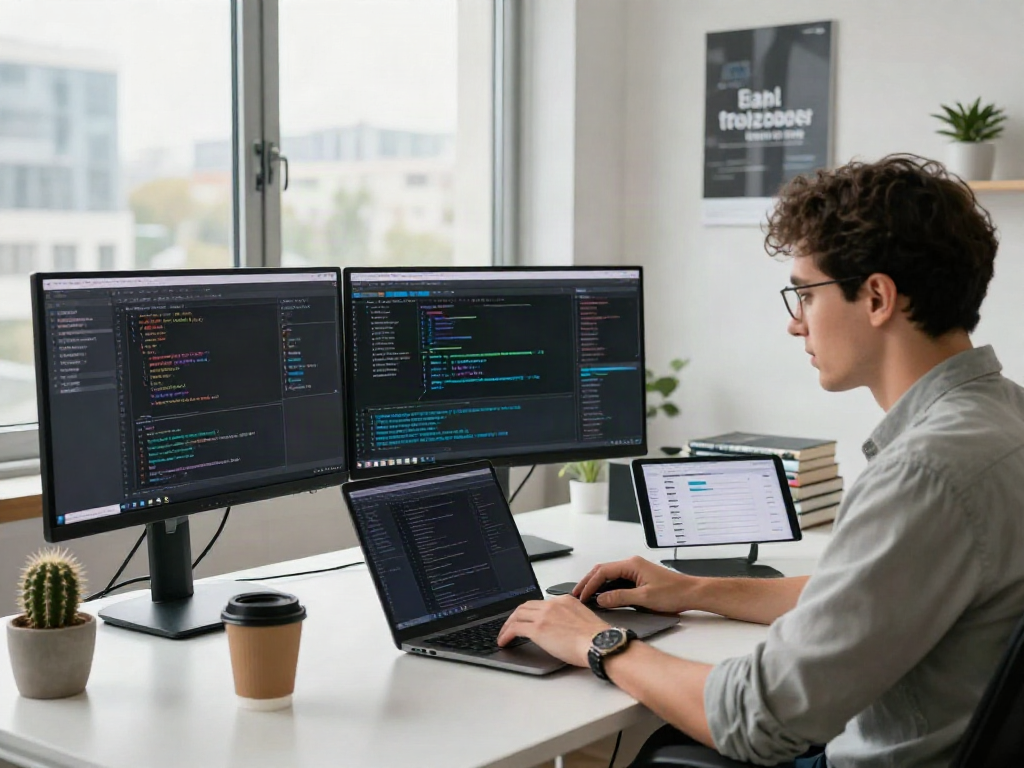AI Detection development workspace with specialist analyzing algorithms and data.