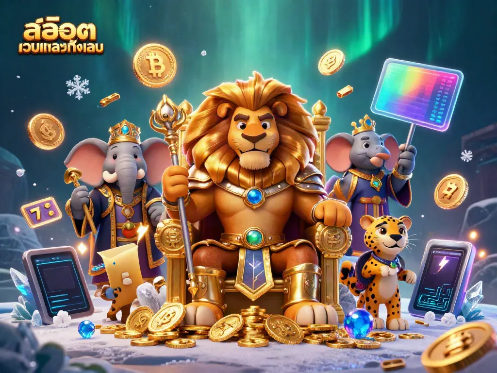 Experience the thrill of สล็อตเว็บตรงทั้งหมด with vibrant characters, slot reels, and glowing cryptocurrency elements.