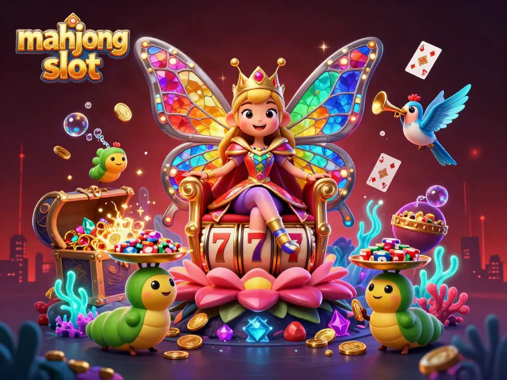 Engage with this vibrant mahjong slot scene featuring a butterfly queen and treasure elements.