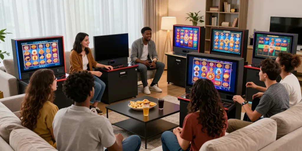 Friends enjoying an online slot gaming session together in a cozy living room.
