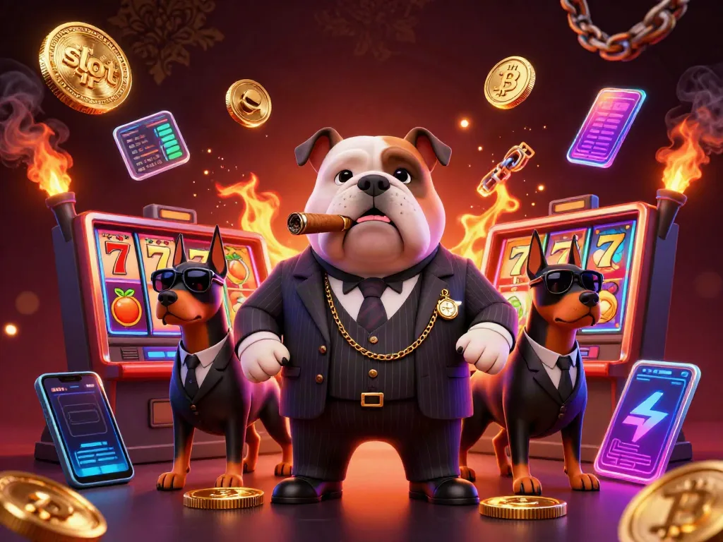 Spin the slot machine with a mafia boss and his bodyguards amid Bitcoin and Ethereum coins.