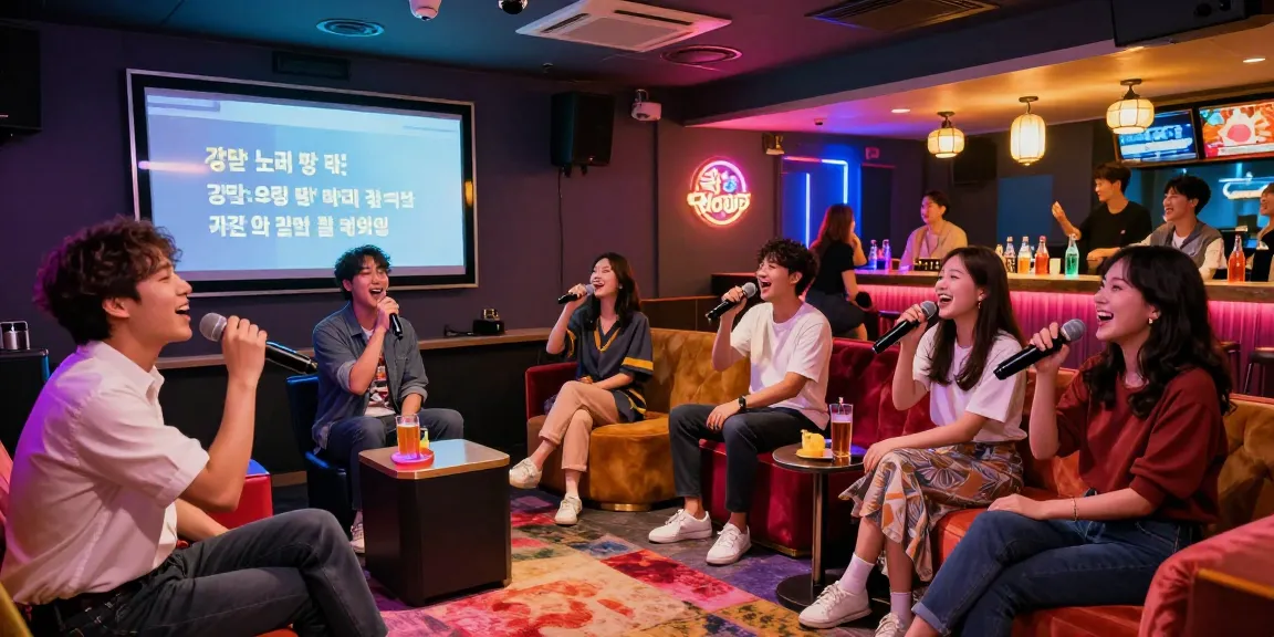 Friends singing joyfully at a 강남노래방 karaoke lounge with vibrant lights.