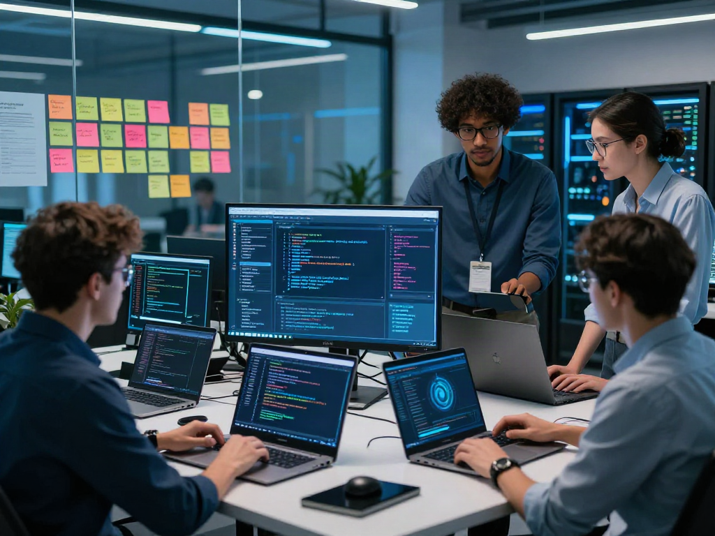 Collaboration in a cybersecurity team analyzing document fraud detection solution data in a high-tech workspace.