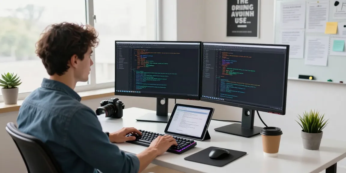 Dynamic tech workspace of a developer at teiegramin.com with dual monitors, coffee, and modern decor.