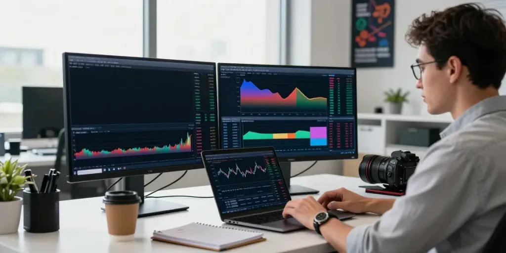 TradingView workspace with analyst reviewing charts and financial news in a modern office setting.
