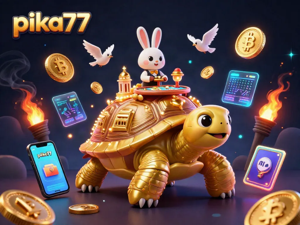 Experience excitement with pika77's vibrant casino scene featuring a golden tortoise and rabbit dealer.