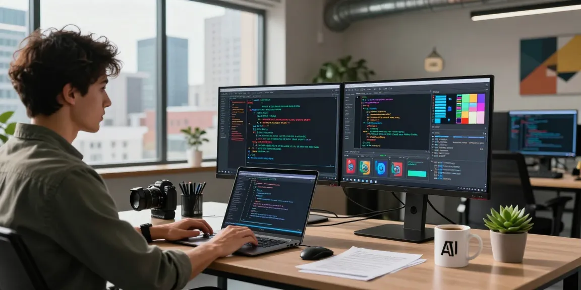 Free AI image detector workspace with dual monitors analyzing images and algorithms.