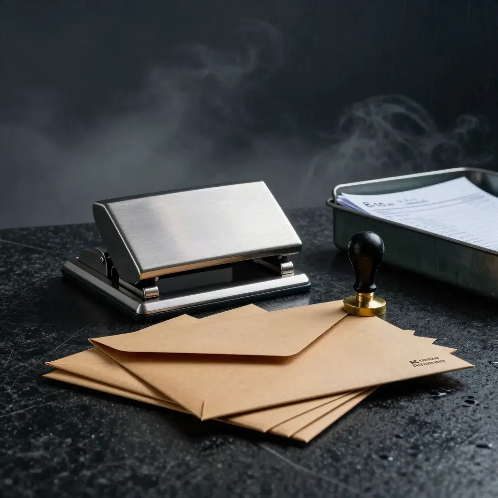 Brushed-steel time clock punch with payroll envelopes, seal stamp, and file tray in moody studio light