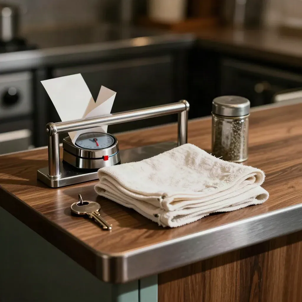 Restaurant ticket rail, kitchen timer, towels, and spice tin in dramatic kitchen still life.