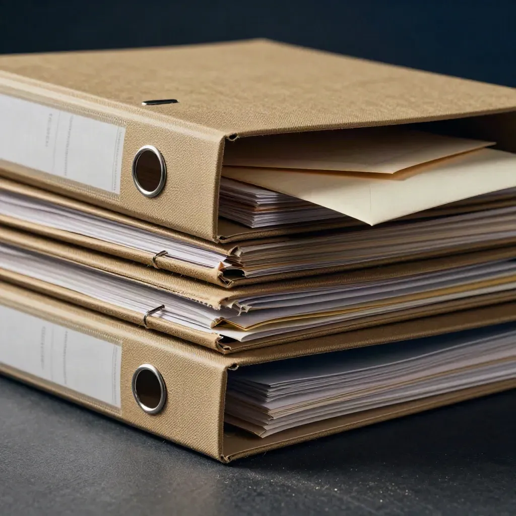Macro stack of tax binders and file clips with a sealed envelope on a dark archive surface.