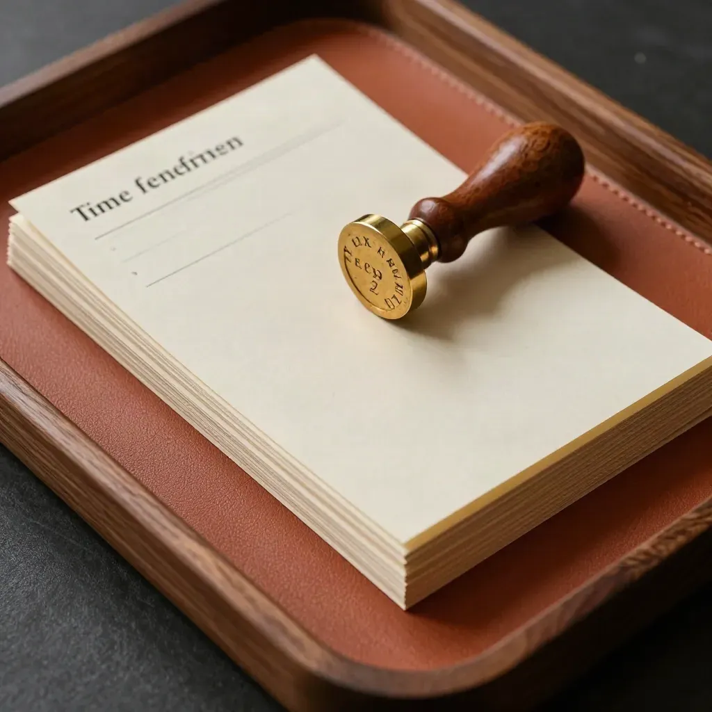 Compact ledger tray with blank time cards, benefit forms, and brass stamp under warm skimming light